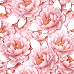 Beautiful seamless background with peony pink flowers. Spring seamless pattern