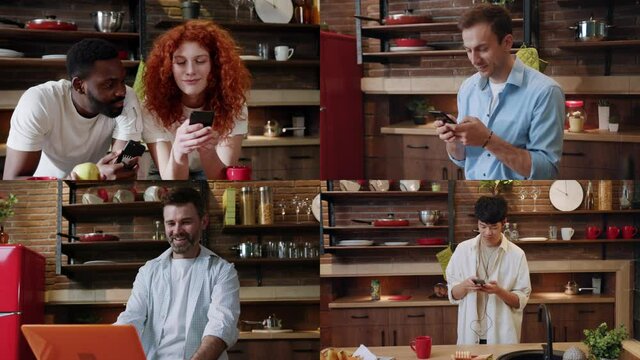 Multi-ethnic Attractive Casual People Using Multiple Gadgets Phone And Laptop Standing In Kitchen. Collage Of People. Multiscreen, Home Interior.