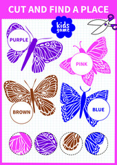 Children board game cut and find for preschoolers and primary school students worksheets.Page read and match for kids educational book.
