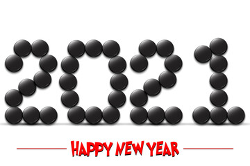 Happy New Year. 2021 numbers made from hockey pucks. Design pattern for greeting card, banner, poster, flyer, party invitation, calendar. Vector illustration