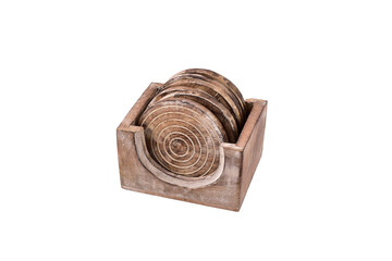 Wood coaster with stand isolated on white background, wooden kitchen accessories