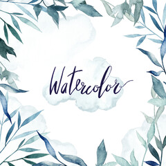 Fototapeta na wymiar Floral card template with hand written text and watercolor leaves