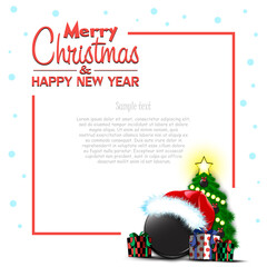 Fototapeta na wymiar Merry Christmas and Happy New Year. Frame with Hockey puck, Christmas tree and gift boxes. Greeting card design template with for new year. Vector illustration