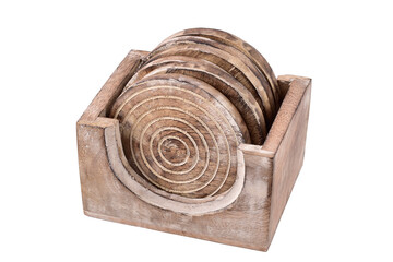 wooden coasters in stand isolated on white background with clipping path