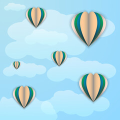 Vector background with clouds and air balloons in paper style. Wallpaper.