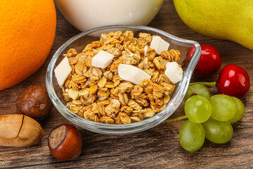 Breakfast with granola and milk