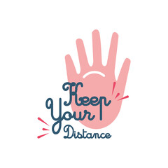 covid 19 virus sticker of keep your distance with hand vector design