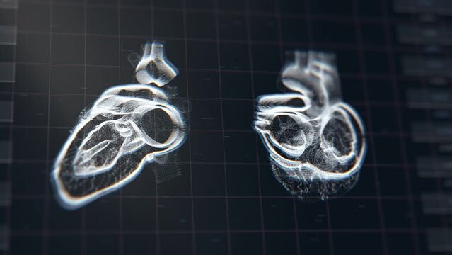 Futuristic heart scanning animation. Hi-tech MRI device. Diagnosis data on screen. Cardiac computed tomography, X-ray. Hospital research. Medical footage. 4K Digital concept. Depth of field effect