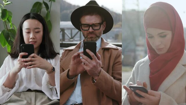 Vertical collage portrait of multi-ethnic attractive modern people broswing cellphone user interface application connecting internet smiling. Nomophobia. Generations.