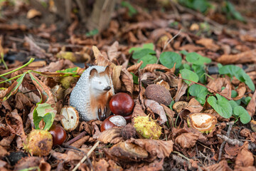 Small porcelain hedgehog on the ground with fallen autumn leaves and chestnut
