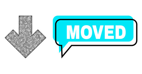 Speech Moved blue bubble frame and wire frame arrow down. Frame and colored area are misplaced to Moved label, which is located inside blue colored banner. Vector quote label inside forum contour.