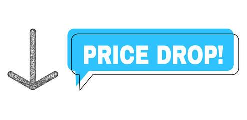 Speech Price Drop! blue cloud frame and net arrow down. Frame and colored area are shifted to Price Drop! label, which is located inside blue colored cloud. Vector quote label inside message contour.