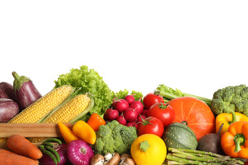 Pile of different fresh vegetables on white background