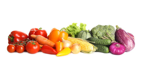 Different fresh organic vegetables on white background
