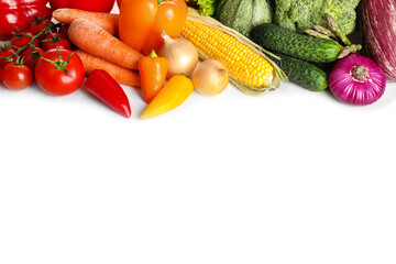 Different fresh organic vegetables on white background