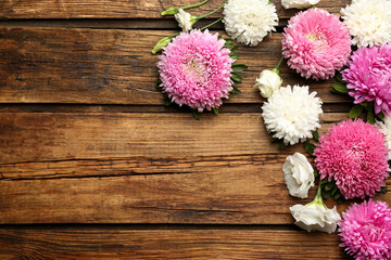 Beautiful asters and space for text on wooden background, flat lay. Autumn flowers