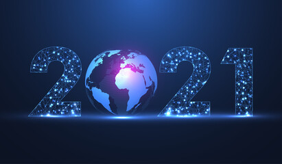 Modern futuristic technology template for Merry Christmas and Happy New Year 2021 with connected lines and dots. Plexus geometric effect. Global network connection illustration.