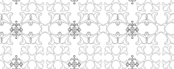 Decorative floral monohrome seamless pattern in ornamental damask modern style. Vector elegant tile surface design. Black ornate on white background