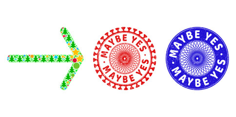 Arrow right mosaic of New Year symbols, such as stars, fir trees, colored round items, and MAYBE YES corroded stamp imitations. Vector MAYBE YES stamp seals uses guilloche pattern,