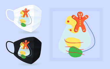 Christmas gingerbread man on face mask mockup with abstract element layout