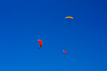 View of three Paraglider flying high over the lake lucerne in switzerland