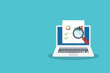 Data analysis, data report online on laptop computer, financial audit research analysis, analytics document web report, stats evaluation. Vector illustration