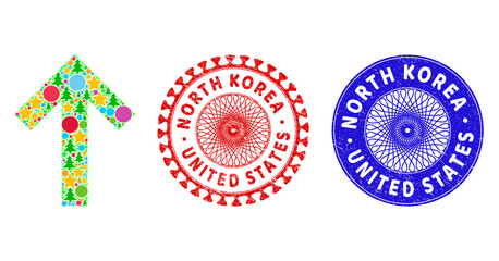 Arrow up mosaic of New Year symbols, such as stars, fir trees, multicolored spheres, and NORTH KOREA UNITED STATES unclean stamp prints.