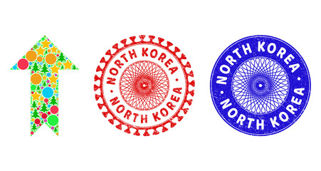 Arrow up composition of New Year symbols, such as stars, fir trees, bright balls, and NORTH KOREA rubber seals. Vector NORTH KOREA stamp seals uses guilloche ornament,