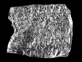 Wrinkly tinfoil sheet, aluminum foil, aluminum cellophane isolated on black background, top view with clipping path
