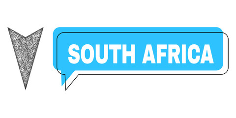 Speech South Africa blue bubble message and wire frame arrowhead down. Frame and colored area are misplaced for South Africa text, which is located inside blue colored bubble.