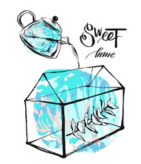 Hand drawn vector abstract illustration with terrarium,eucaliptus brunch and pot with water in blue colors isolated on white background.Sweet home concept.Nordic decoration