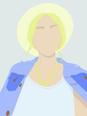 Vector illustration. Portrait of a blonde girl in the summer in a hat. Flat picture with the possibility of further revision. Design for poster, illustrations, textiles, postcards, clothes.