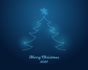 Christmas concept. Abstract low poly christmas tree and star isolated on blue background. Vector illustration.