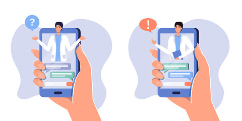 Smartphone screen with male therapist set, chat in messenger, online consultation. Vector flat illustration. Ask doctor. Medical advise, consultation service, tele medicine, meet online with patient - obrazy, fototapety, plakaty