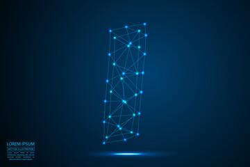 English letters abstract font consists 3d of triangles, lines, dots and connections. On a dark blue background cosmic universe stars, meteorites, galaxies. Vector illustration EPS 10.