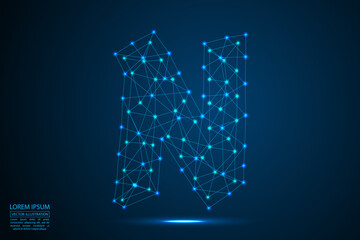 English letters abstract font consists 3d of triangles, lines, dots and connections. On a dark blue background cosmic universe stars, meteorites, galaxies. Vector illustration EPS 10.