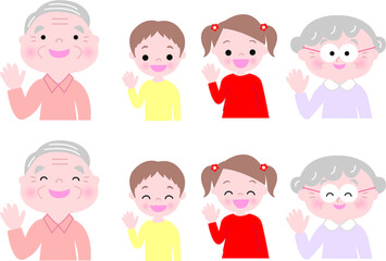 ほわほわタッチ、イラスト、ベクター、カット、かわいい、お年寄り、高齢者、60代、70代、年配、笑顔、カット、
男女、女性、男性、夫婦、カップル、孫、こども、子供、男の子、女の子、手を振る、おじいちゃん、おばあちゃん、祖父母