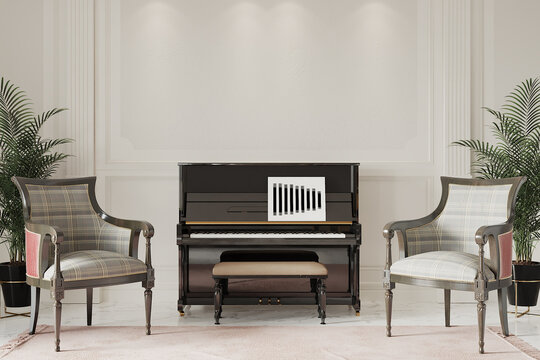 luxury apartment suite lounge with piano, 3d render
