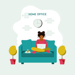 girl with laptop sitting on the chair at home.  Remote work, freelance or studying concept. 
Self-isolation during the coronavirus epidemic. Vector illustration in flat style
