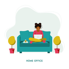 girl with laptop sitting on the chair at home.  Remote work, freelance or studying concept. 
Self-isolation during the coronavirus epidemic. Vector illustration in flat style
