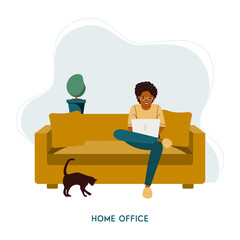 guy with laptop sitting on the chair at home.  Remote work, freelance or studying concept. 
Self-isolation during the coronavirus epidemic. Vector illustration in flat style

