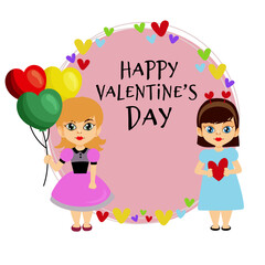 valentine round card with two little girl