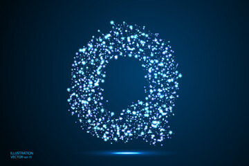 English letters abstract font consists 3d of triangles, lines, dots and connections. On a dark blue background cosmic universe stars, meteorites, galaxies. Vector illustration EPS 10.