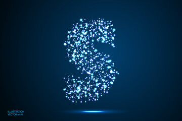 English letters abstract font consists 3d of triangles, lines, dots and connections. On a dark blue background cosmic universe stars, meteorites, galaxies. Vector illustration EPS 10.