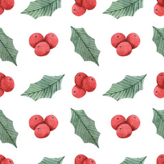 Seamless Christmas pattern with watercolor red berries and green leaves. Holly berry, winter greens, part of the plant.