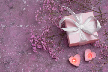 Gift box and gypsophile with two candles ser. Greeting card for Valentine's Day, anniversary, mother's Day and birthday greetings, has a copy of the space