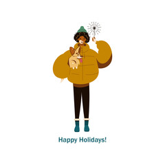Black Girl with Discolored Skin Patches celebrating Christmas outdoors. Romantic walking with corgi dog. Happy holiday celebration vector illustration.
