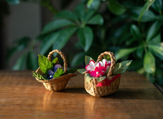 Miniature wicker baskets full of flowers - doll house accessories