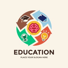 Education circle vector logo template. This design use brain, lamp, student hat and mascot symbol.