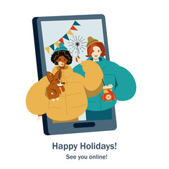 People meeting online video conference on a computer on Christmas holiday. Vector
Christmas online party. Happy friends celebrating new year on video chat. 
